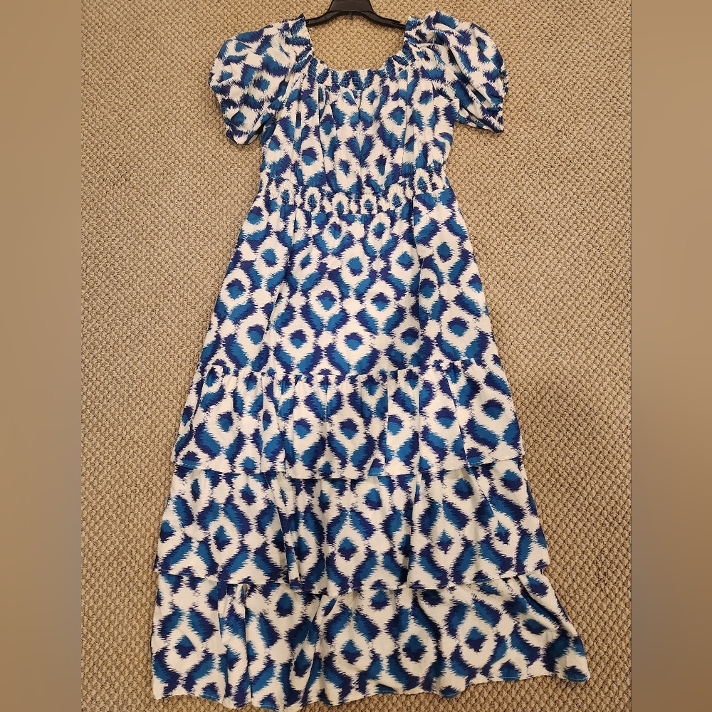 Knox Rose Blue & White Ikat Printed Maxi Dress Sz Large Like New